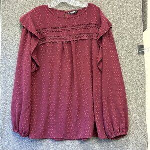 BTFBM Tunic Top Womens XL Swiss Dot Plum Purple Smock Blouse Long Sleeve